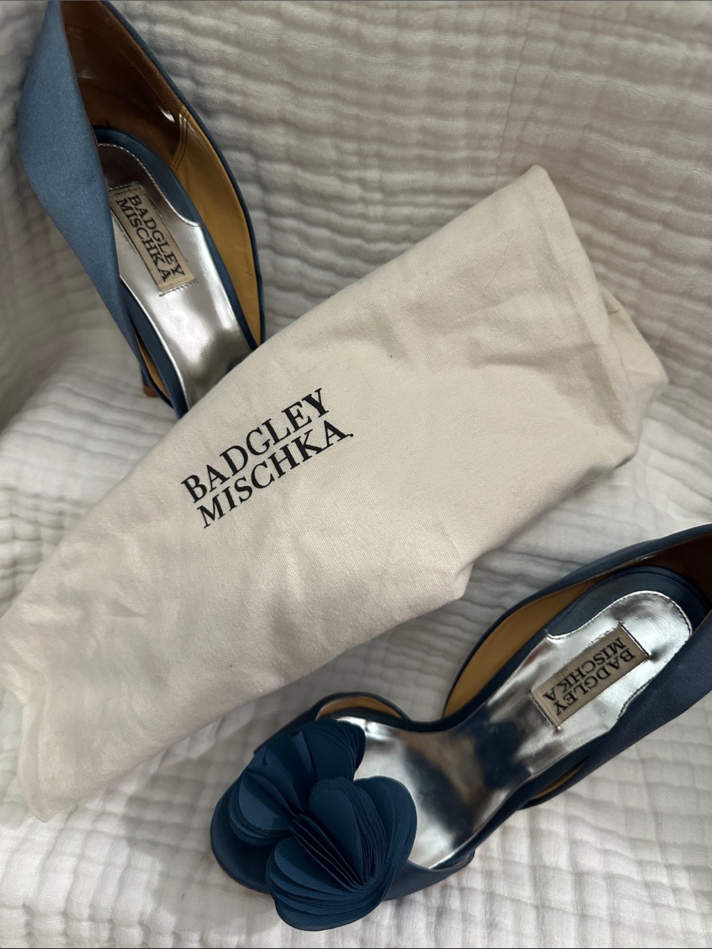 Badgley Mischka Teal Blue Satin Peep-Toe Heels with Floral Applique - Picture 3 of 3